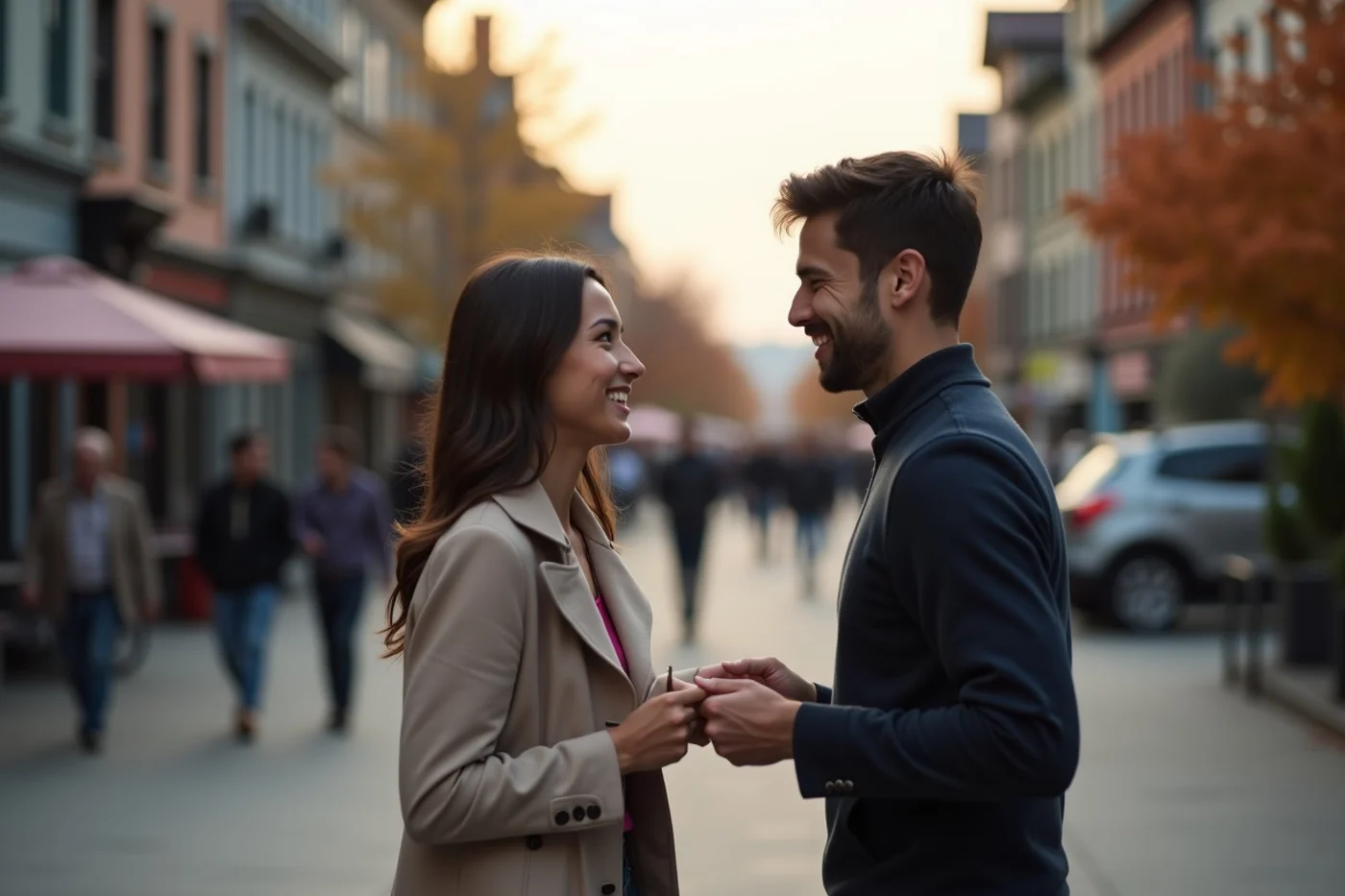A friendly moment rarely proves romantic interest by itself - supporting editorial photograph